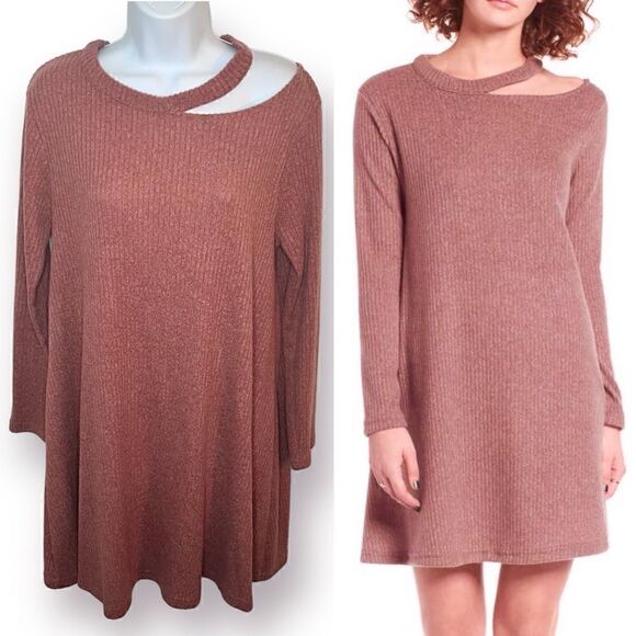 Cotton Emporium Ripped Neck Sweater Dress Cutout Swing Knit Mocha Pink M - Picture 2 of 10